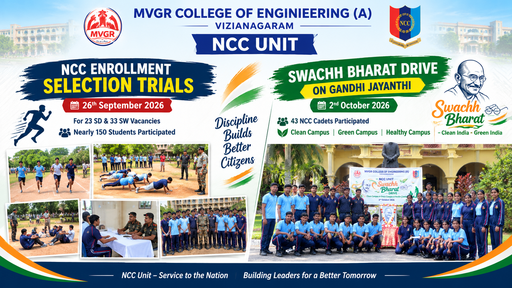NCC Enrollment Selection Trials and Swachh Bharat Drive Conducted at MVGR